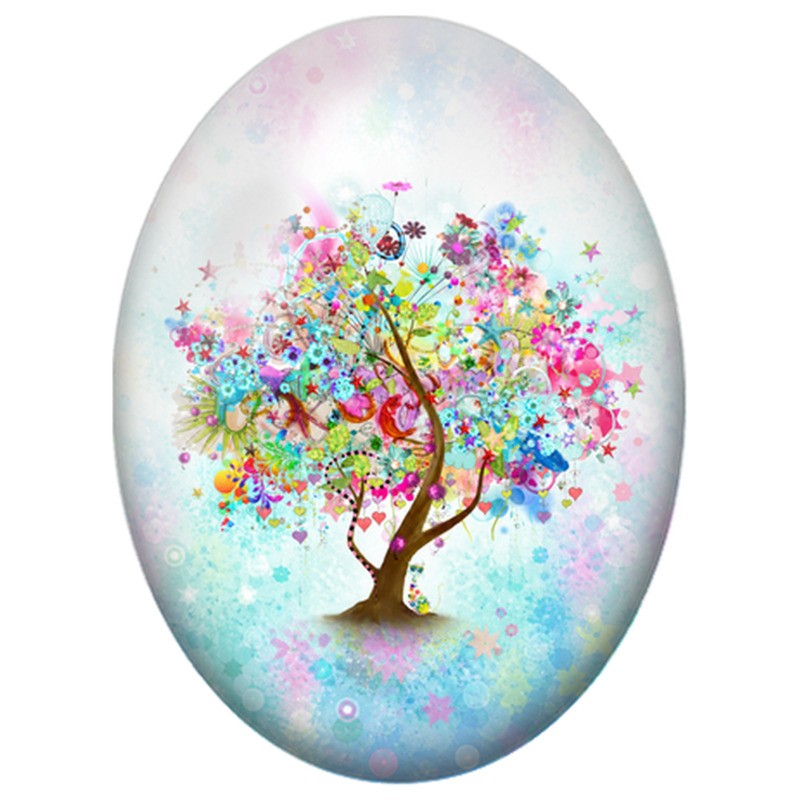 Cabochon en Verre Illustré Arbre Fantaisie aux Étoiles et aux Cœurs 13x18, 18x25 ou 30x40mm