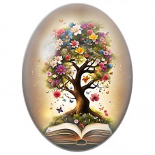 Cabochon en Verre Illustré Arbre Fleuri dans un Livre Ouvert 13x18, 18x25 ou 30x40mm pour la Création de Bijoux Fantaisie - DIY