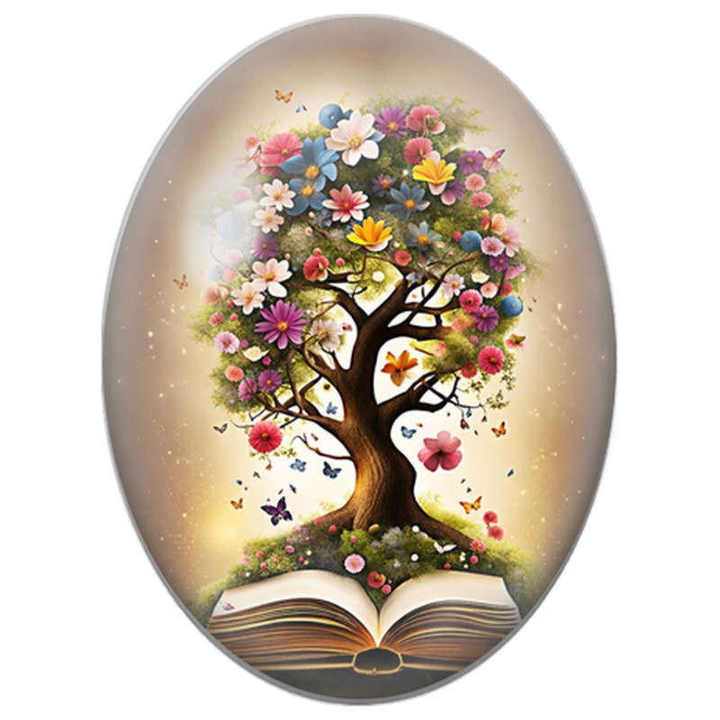 Cabochon en Verre Illustré Arbre Fleuri dans un Livre Ouvert 13x18, 18x25 ou 30x40mm