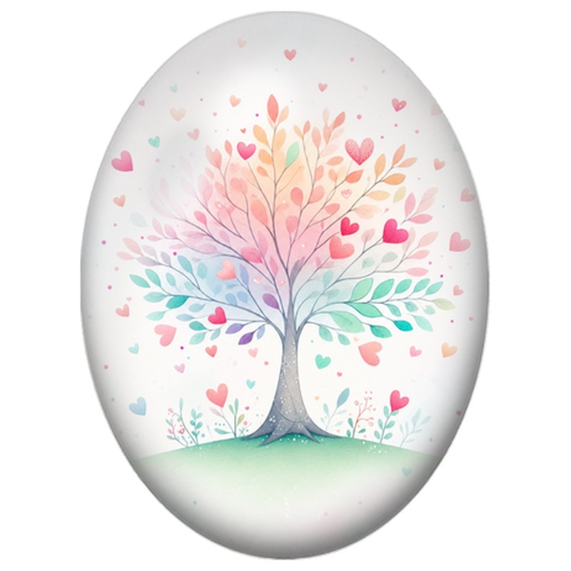 Cabochon en Verre Illustré Arbre Pastel aux Feuilles en Cœur 13x18, 18x25 ou 30x40mm