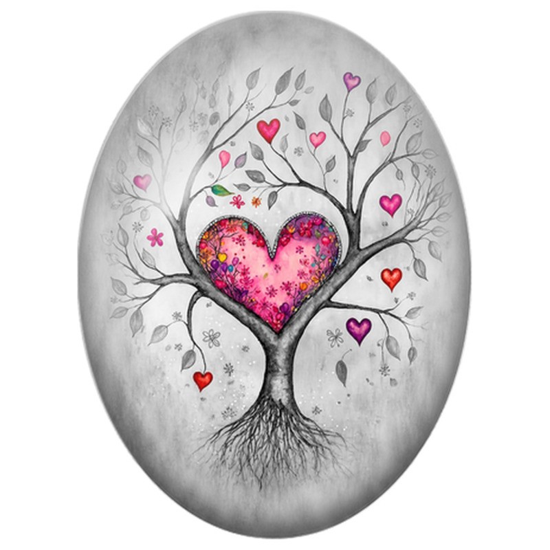 Cabochon en Verre Illustré Arbre Cœur en Noir et Blanc 13x18, 18x25 ou 30x40mm