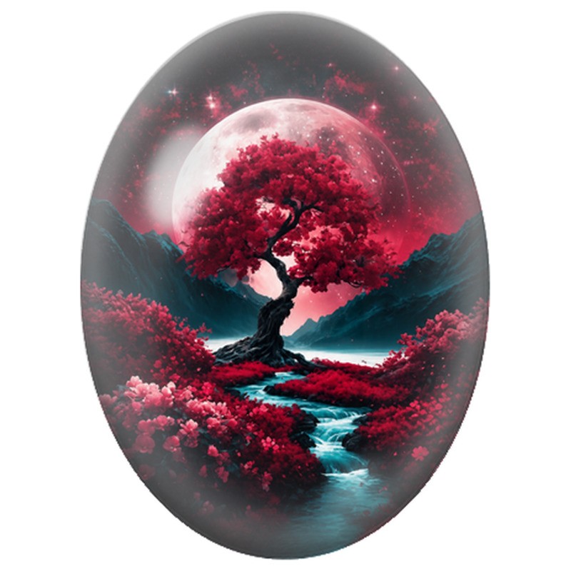 Cabochon en Verre Illustré Arbre Rouge sous la Lune 13x18, 18x25 ou 30x40mm