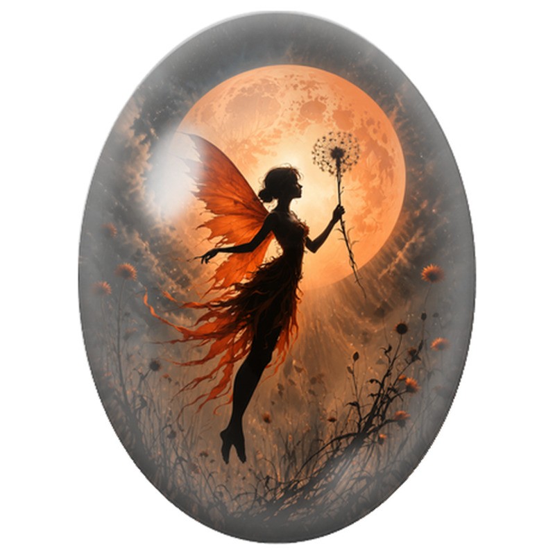 Cabochon en Verre Illustré Fée Orange au Pissenlit 13x18, 18x25 ou 30x40mm