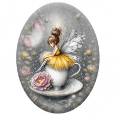 Cabochon en Verre Illustré Fée Jaune dans une Tasse 13 x 18, 18 x 25 ou 30 x 40 mm pour la Création de Bijoux Fantaisie - DIY