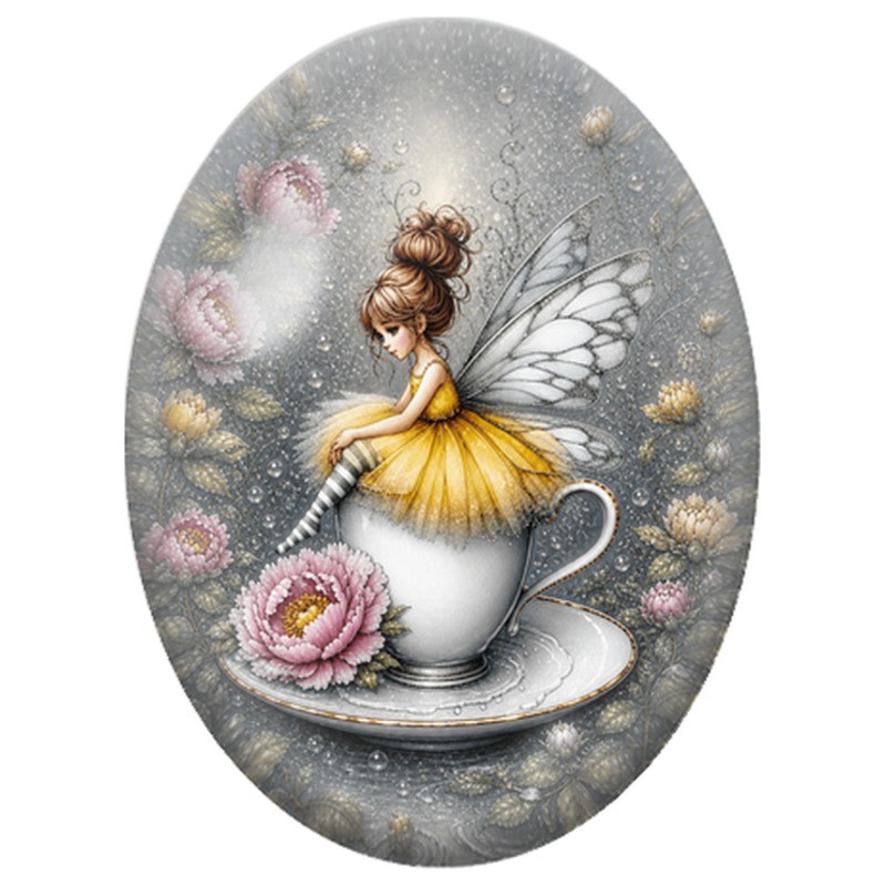 Cabochon en Verre Illustré Fée Jaune dans une Tasse 13x18, 18x25 ou 30x40mm