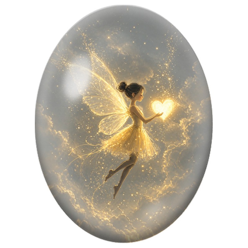 Cabochon en Verre Illustré Fée au Cœur Lumineux 13x18, 18x25 ou 30x40mm
