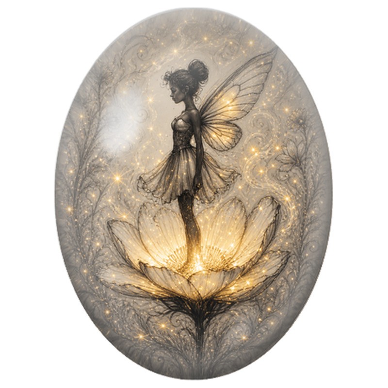 Cabochon en Verre Illustré Fée sur une Fleur Dorée 13x18, 18x25 ou 30x40mm