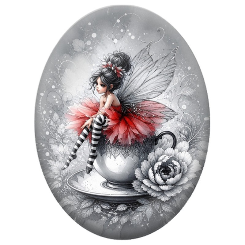 Cabochon en Verre Illustré Fée Rouge dans une Fleur 13x18, 18x25 ou 30x40mm