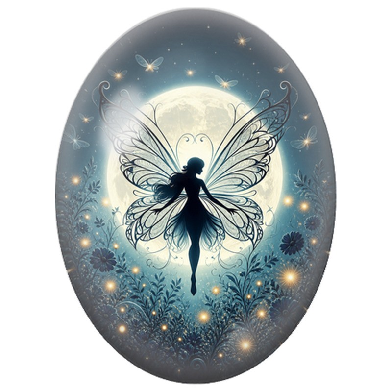 Cabochon en Verre Illustré Fée sous la Pleine Lune 13x18, 18x25 ou 30x40mm