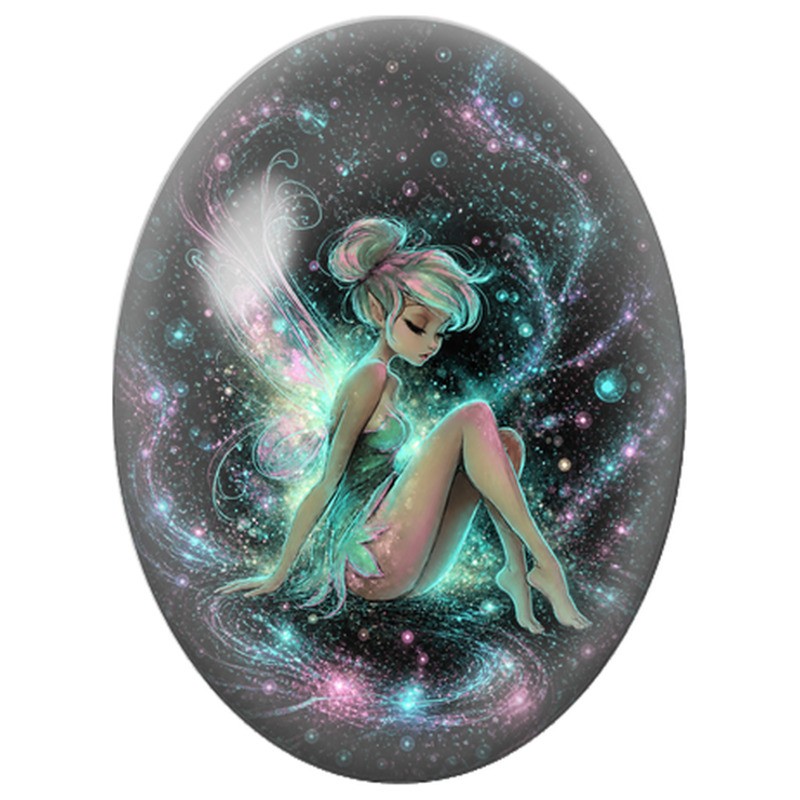 Cabochon en Verre Illustré Fée Cosmique aux Cheveux Turquoise 13x18, 18x25 ou 30x40mm