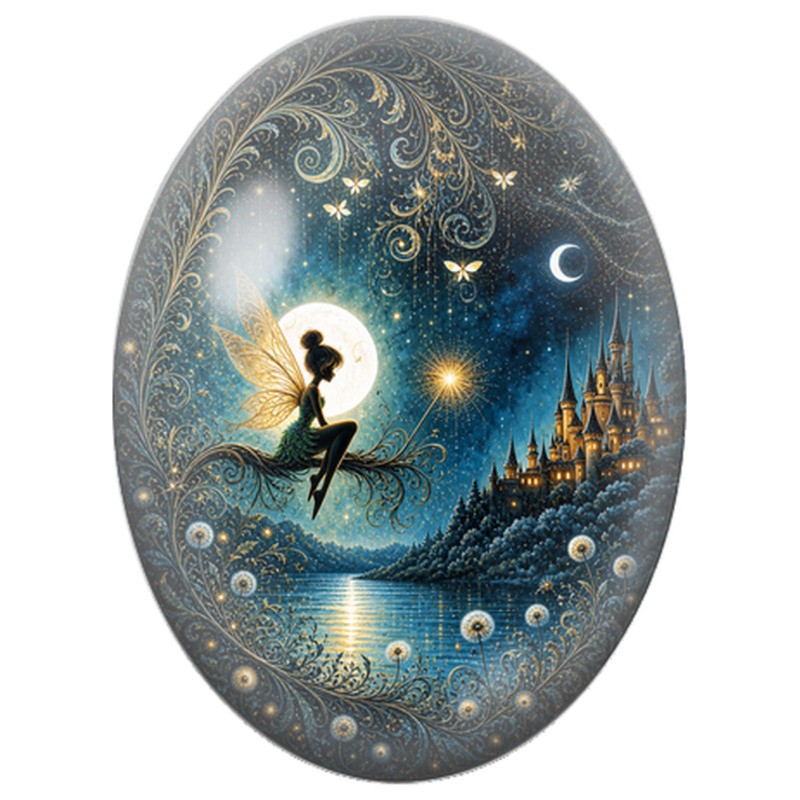 Cabochon en Verre Illustré Fée au Château sous la Lune 13x18, 18x25 ou 30x40mm