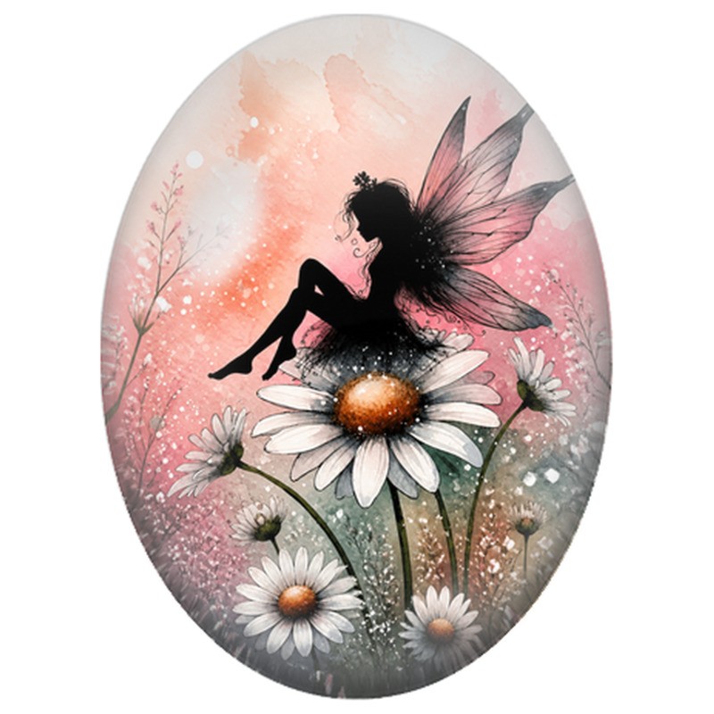 Cabochon en Verre Illustré Fée Rose sur une Marguerite 13x18, 18x25 ou 30x40mm