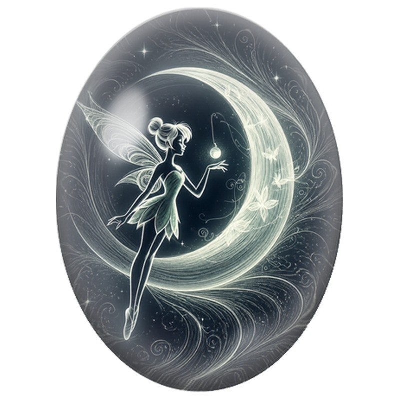Cabochon en Verre Illustré Fée sur un Croissant de Lune 13x18, 18x25 ou 30x40mm