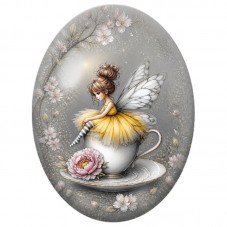 Cabochon en Verre Illustré Fée Jaune dans une Tasse Fleurie 13 x 18, 18 x 25 ou 30 x 40 mm pour la Création de Bijoux Fantaisie 
