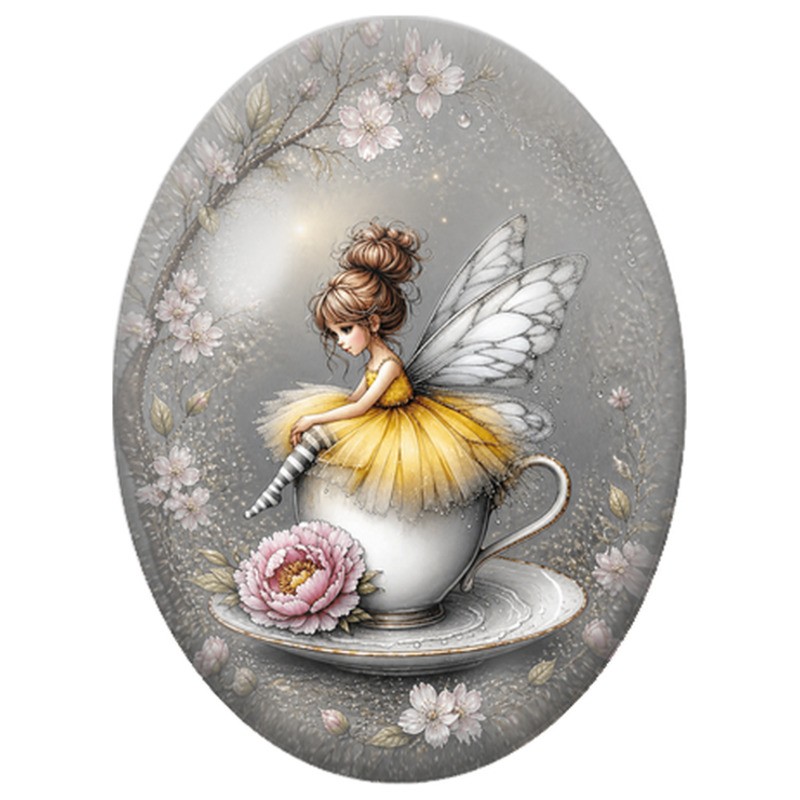 Cabochon en Verre Illustré Fée Jaune dans une Tasse Fleurie 13x18, 18x25 ou 30x40mm