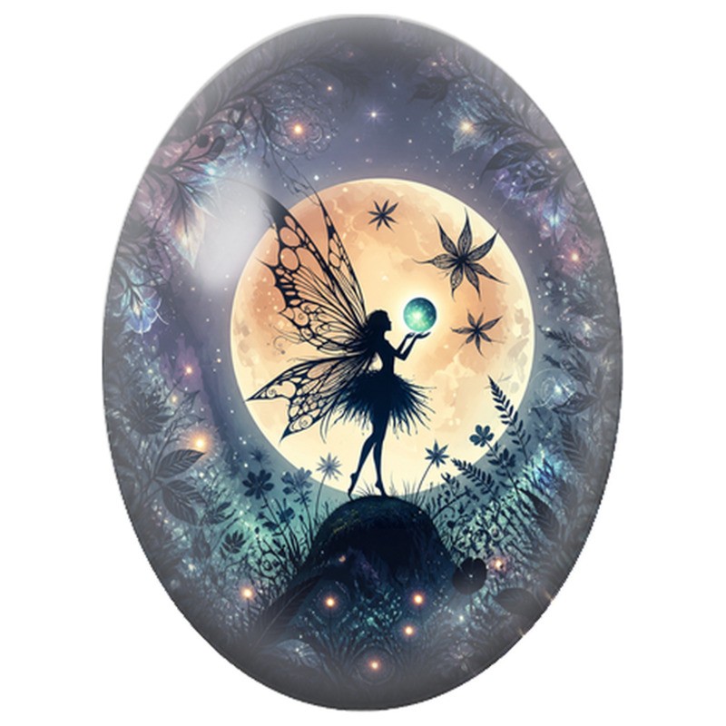 Cabochon en Verre Illustré Fée à la Sphère Lumineuse 13x18, 18x25 ou 30x40mm