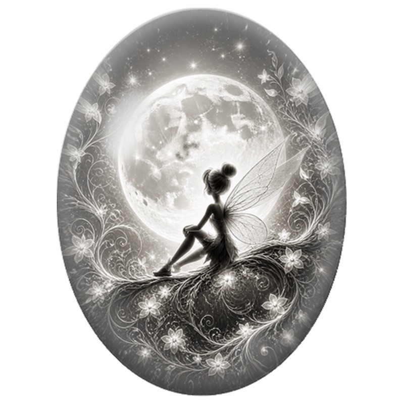 Cabochon en Verre Illustré Fée Monochrome sous la Lune 13x18, 18x25 ou 30x40mm