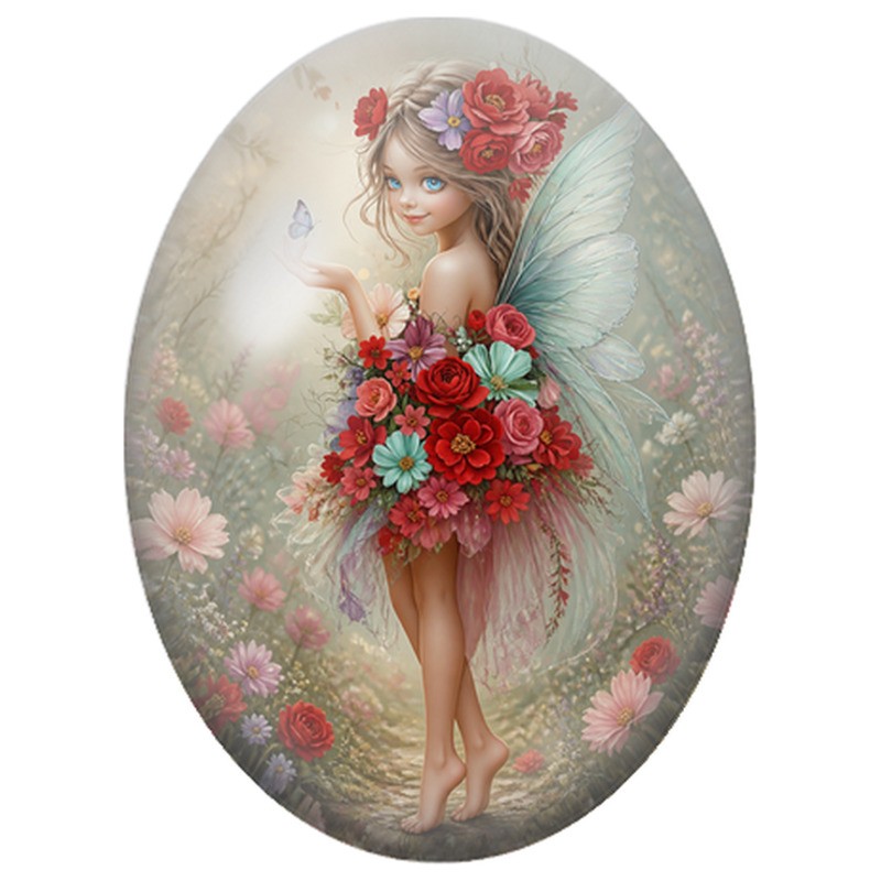 Cabochon en Verre Illustré Fée aux Fleurs Rouges 13x18, 18x25 ou 30x40mm