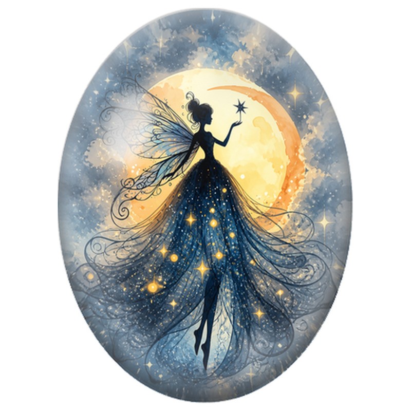 Cabochon en Verre Illustré Fée Bleue sous la Lune 13x18, 18x25 ou 30x40mm