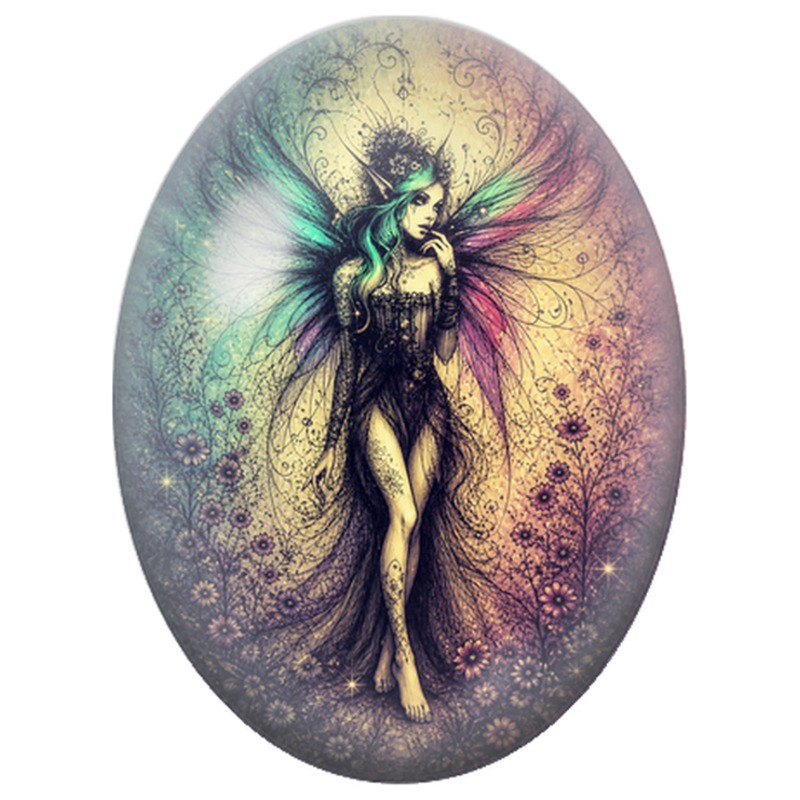 Cabochon en Verre Illustré Fée aux Ailes Multicolores 13x18, 18x25 ou 30x40mm