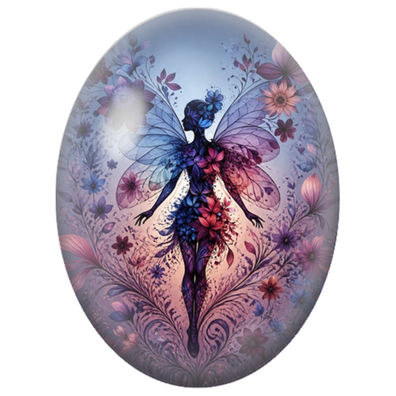 Cabochon en Verre Illustré Fée Fleurie aux Ailes Violettes 13x18, 18x25 ou 30x40mm