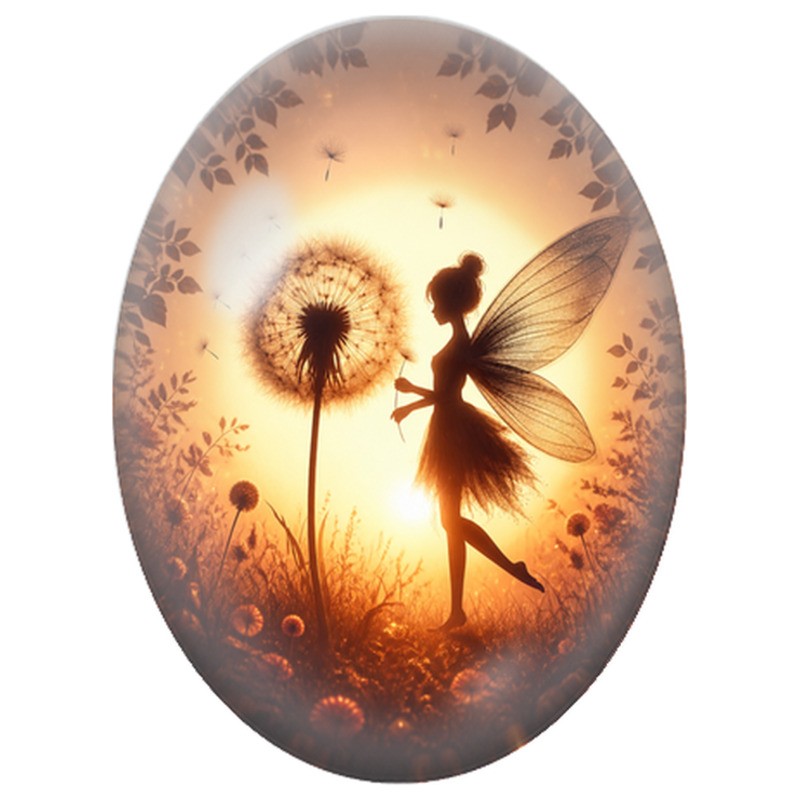 Cabochon en Verre Illustré Fée au Pissenlit dans la Lumière 13x18, 18x25 ou 30x40mm