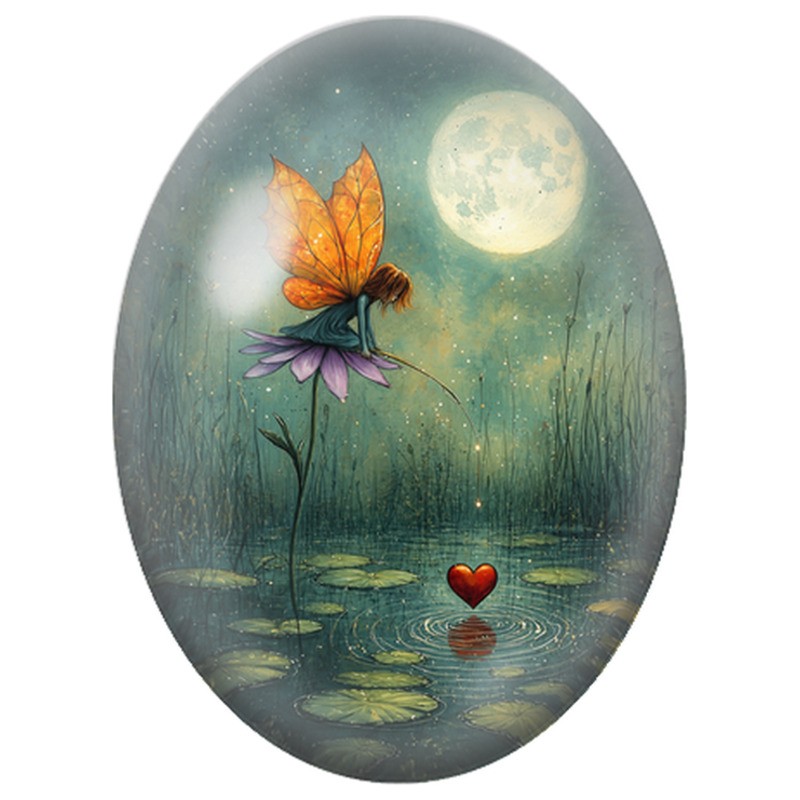 Cabochon en Verre Illustré Fée Orange sur un Nénuphar 13x18, 18x25 ou 30x40mm