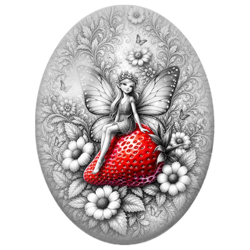 Cabochon en Verre Illustré Fée sur une Fraise 13x18, 18x25 ou 30x40mm