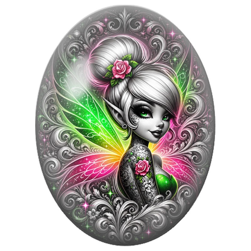 Cabochon en Verre Illustré Fée Gothique aux Ailes Colorées 13x18, 18x25 ou 30x40mm