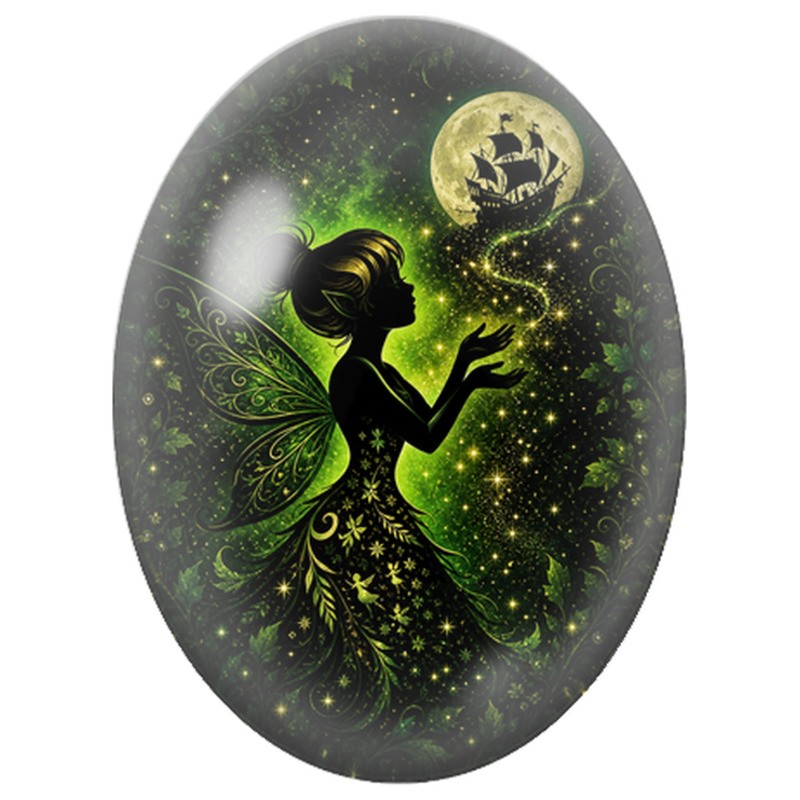 Cabochon en Verre Illustré Fée Verte sous la Lune 13x18, 18x25 ou 30x40mm