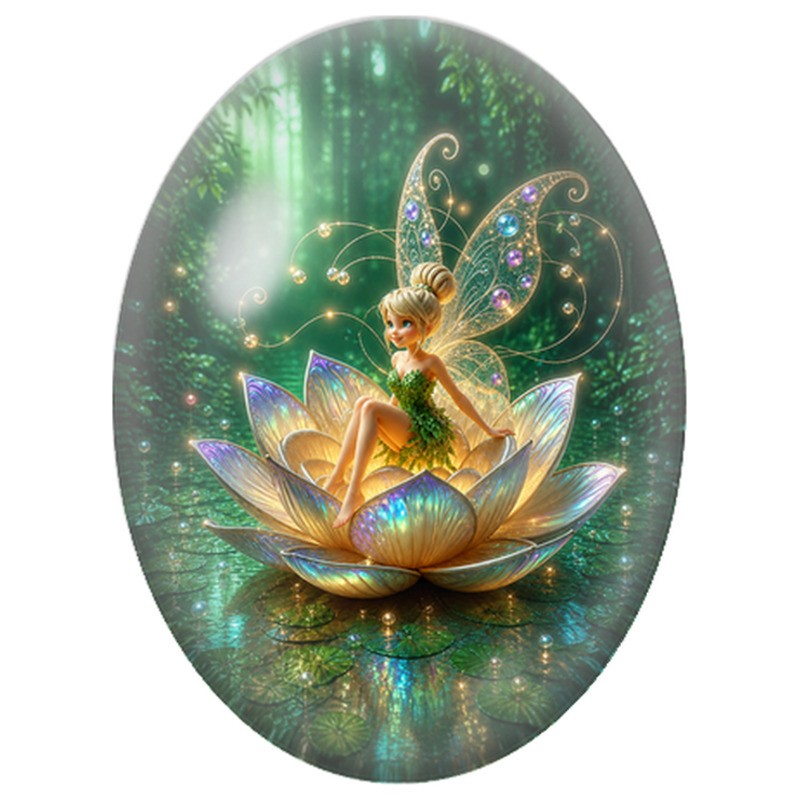 Cabochon en Verre Illustré Fée dans un Lotus Irisé 13x18, 18x25 ou 30x40mm