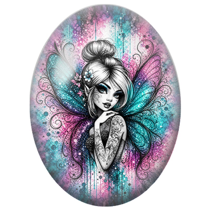 Cabochon en Verre Illustré Fée Gothique aux Ailes Turquoise 13x18, 18x25 ou 30x40mm