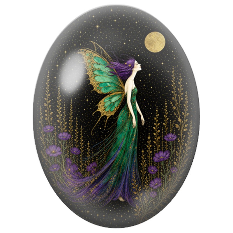 Cabochon en Verre Illustré Fée Émeraude sous la Lune 13x18, 18x25 ou 30x40mm