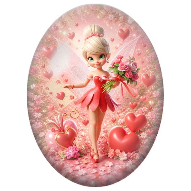 Cabochon en Verre Illustré Fée Rose aux Cœurs 13x18, 18x25 ou 30x40mm