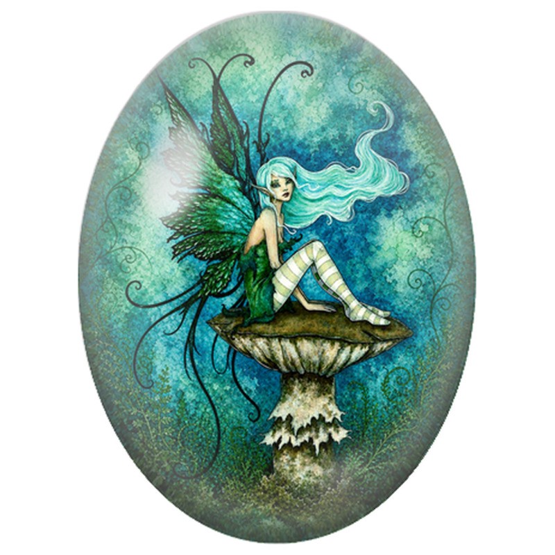 Cabochon en Verre Illustré Fée Verte sur un Champignon 13x18, 18x25 ou 30x40mm