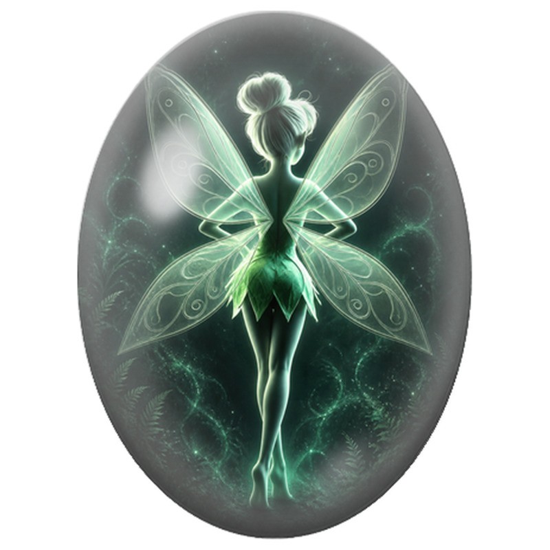 Cabochon en Verre Illustré Fée Verte Vue de Dos 13x18, 18x25 ou 30x40mm