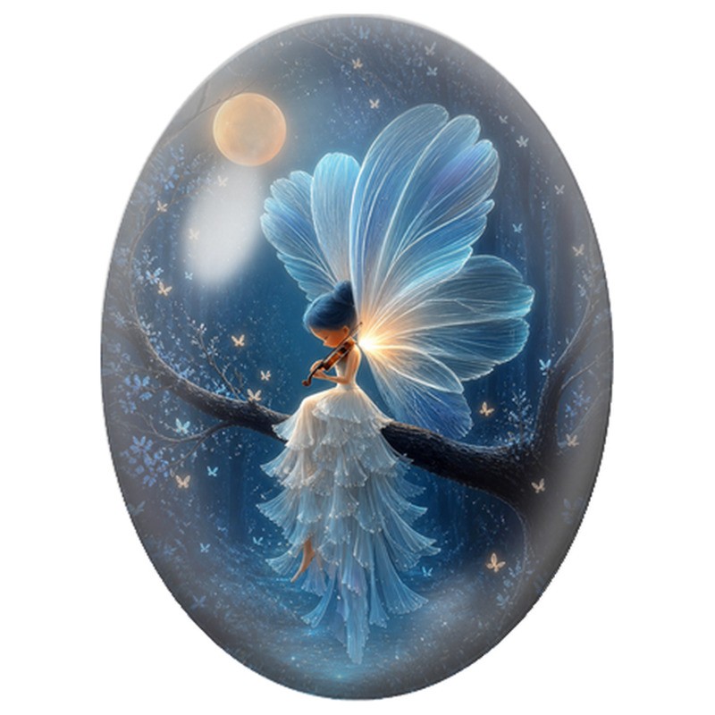 Cabochon en Verre Illustré Fée au Violon dans la Nuit 13x18, 18x25 ou 30x40mm