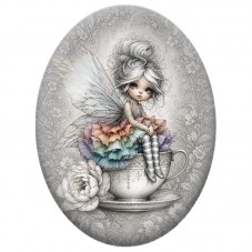 Cabochon en Verre Illustré Fée dans une Tasse Fleurie 13 x 18, 18 x 25 ou 30 x 40 mm pour la Création de Bijoux Fantaisie - DIY
