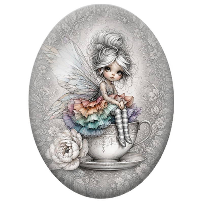 Cabochon en Verre Illustré Fée dans une Tasse Fleurie 13x18, 18x25 ou 30x40mm