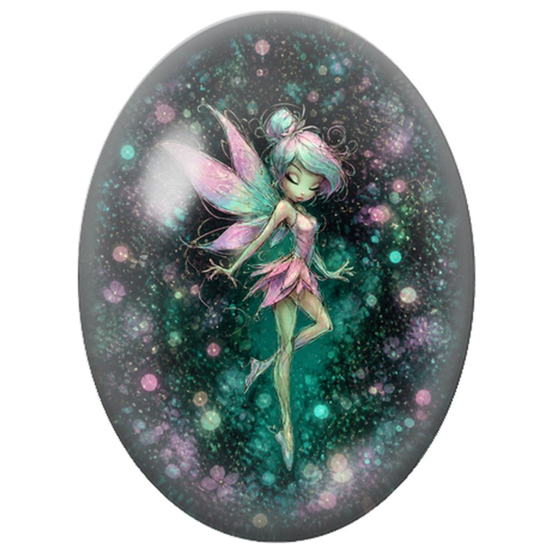 Cabochon en Verre Illustré Fée Rose et Turquoise 13x18, 18x25 ou 30x40mm