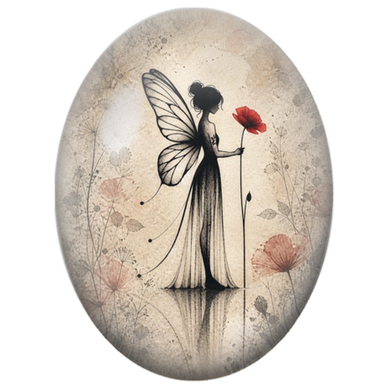 Cabochon en Verre Illustré Fée au Coquelicot Rouge 13x18, 18x25 ou 30x40mm