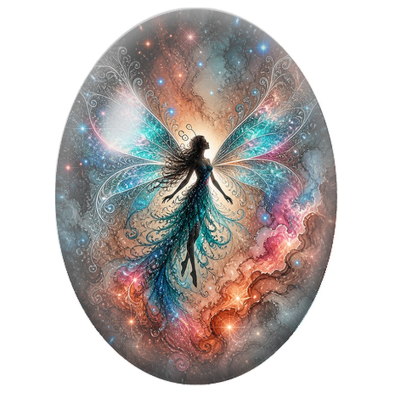 Cabochon en Verre Illustré Fée Cosmique aux Ailes Turquoise 13x18, 18x25 ou 30x40mm