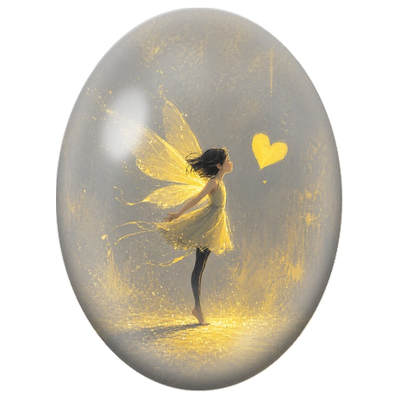 Cabochon en Verre Illustré Fée Dorée au Cœur Jaune 13x18, 18x25 ou 30x40mm