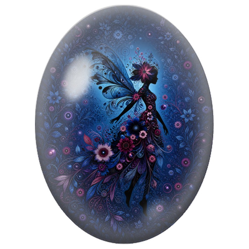 Cabochon en Verre Illustré Fée Fleurie en Bleu 13x18, 18x25 ou 30x40mm