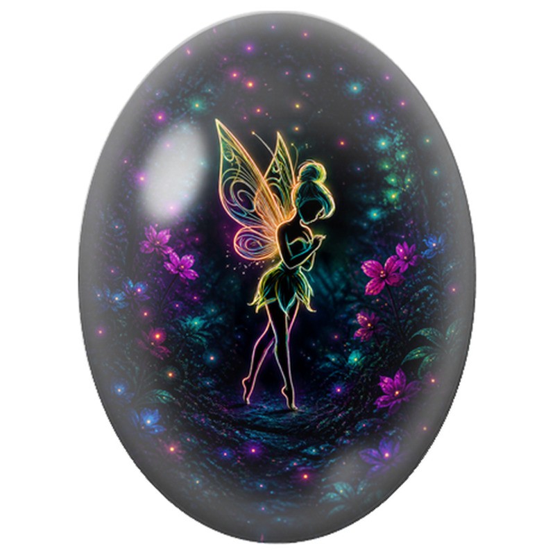 Cabochon en Verre Illustré Fée Néon dans la Nuit 13x18, 18x25 ou 30x40mm