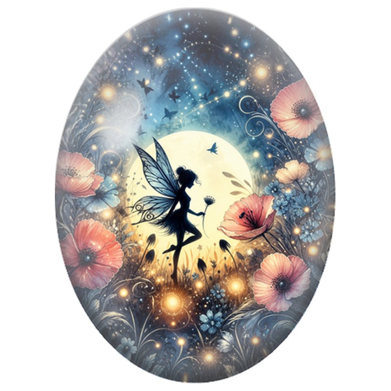 Cabochon en Verre Illustré Fée au Pissenlit sous la Lune 13x18, 18x25 ou 30x40mm