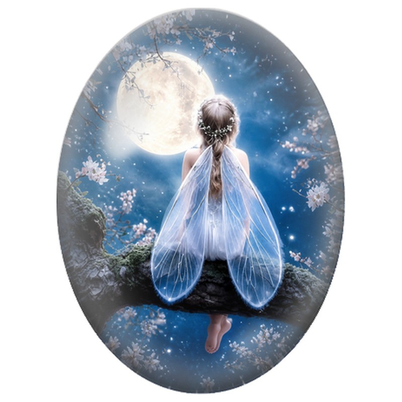 Cabochon en Verre Illustré Fée Blanche sur une Branche 13x18, 18x25 ou 30x40mm