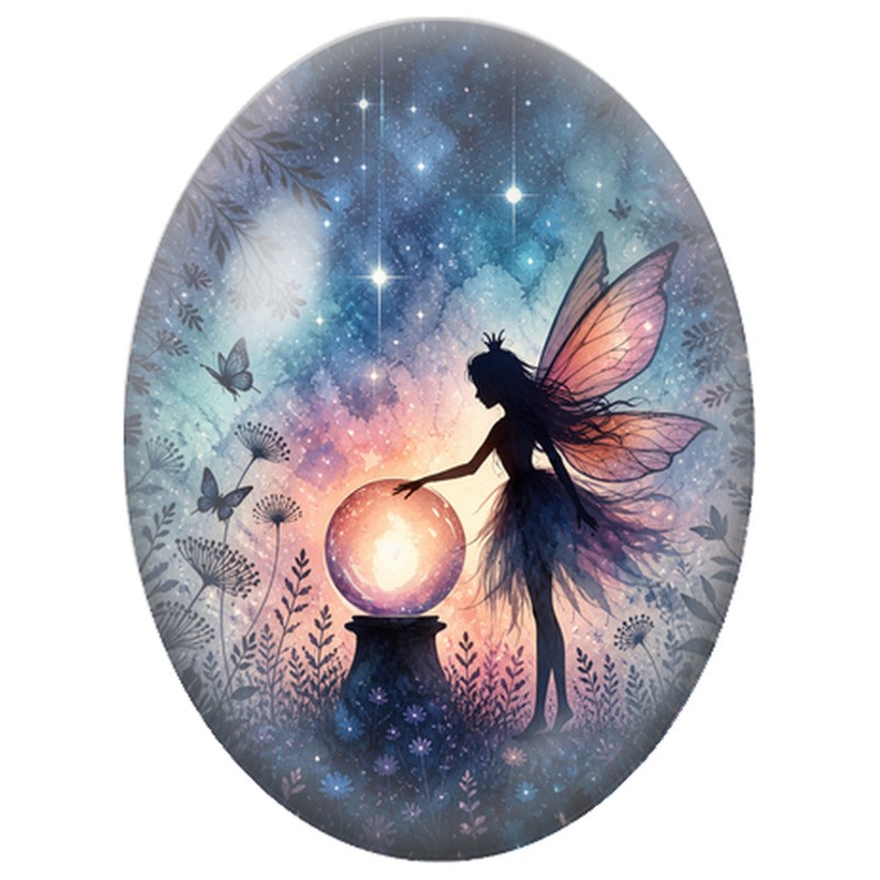 Cabochon en Verre Illustré Fée à la Boule de Cristal 13x18, 18x25 ou 30x40mm
