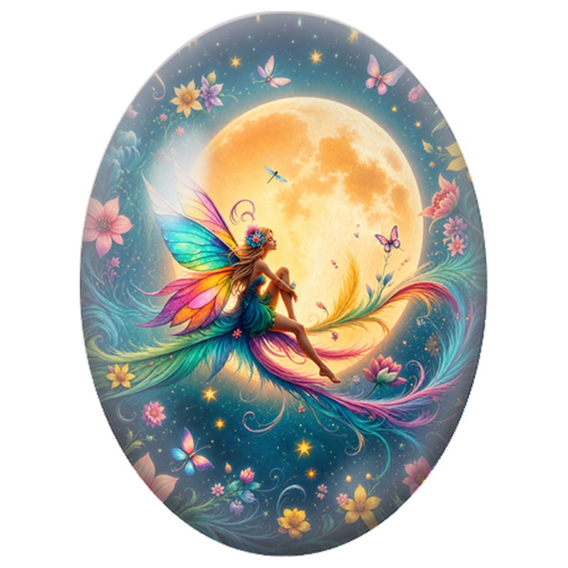 Cabochon en Verre Illustré Fée Arc-en-ciel sous la Lune 13x18, 18x25 ou 30x40mm