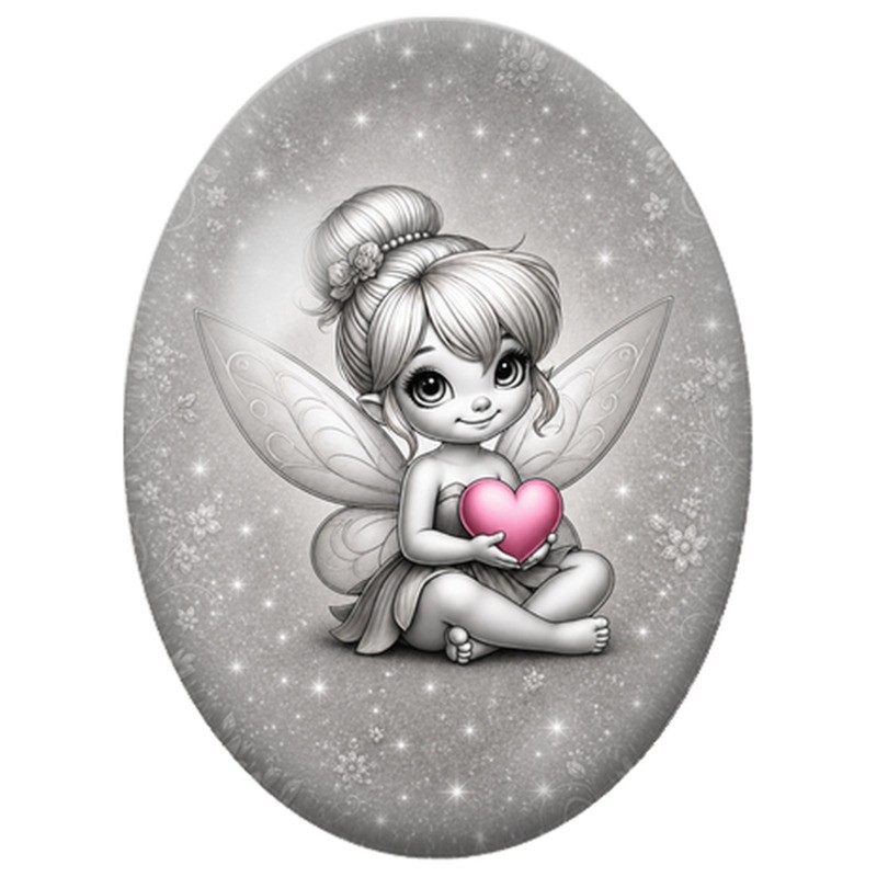 Cabochon en Verre Illustré Fée au Cœur Rose 13x18, 18x25 ou 30x40mm